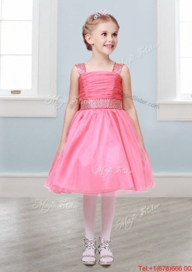 Pretty Straps Tulle Girls Party Dress with Bowknot and Beading