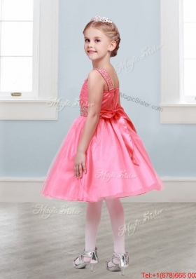 Pretty Straps Tulle Girls Party Dress with Bowknot and Beading