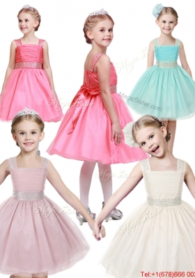 Pretty Straps Tulle Girls Party Dress with Bowknot and Beading