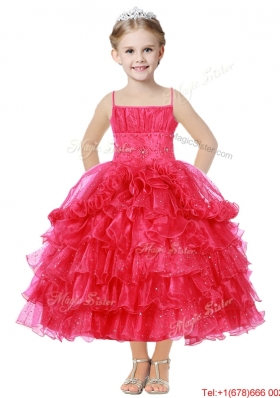 Romantic Spaghetti Straps Girls Party Dress with Beading and Ruffled Layers