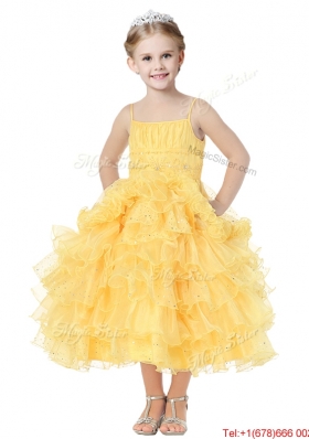 Romantic Spaghetti Straps Girls Party Dress with Beading and Ruffled Layers