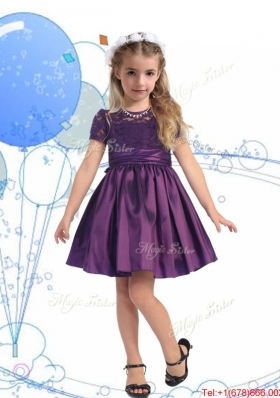 See Through Scoop Short Sleeves Girls Party Dress with Lace and Belt