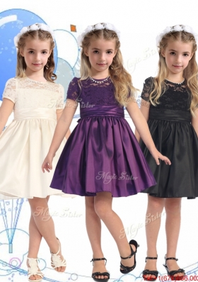 See Through Scoop Short Sleeves Girls Party Dress with Lace and Belt