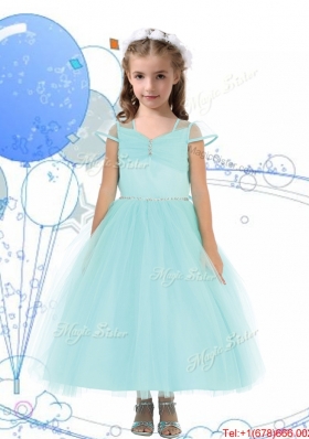 See Through Square Cap Sleeves Girls Party Dress with Beading