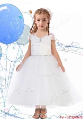 See Through Square Cap Sleeves Girls Party Dress with Beading