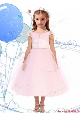 See Through Square Cap Sleeves Girls Party Dress with Beading