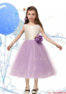 Wonderful Scoop Girls Party Dress with Hand Made Flowers and Bowknot