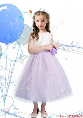 Wonderful Scoop Girls Party Dress with Hand Made Flowers and Bowknot