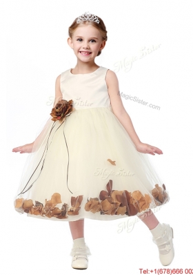 Gorgeous Scoop Girls Party Dress with Purple Hand Made Flowers and Appliques