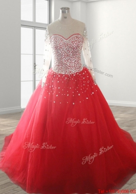 Best See Through Scoop Beaded Quinceanera Dress with Long Sleeves