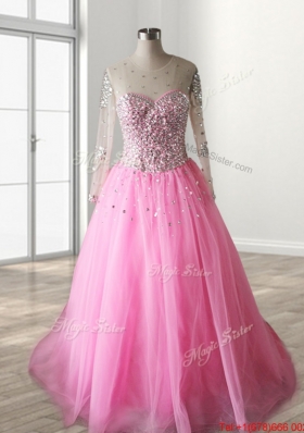 Best See Through Scoop Beaded Quinceanera Dress with Long Sleeves