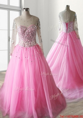 Best See Through Scoop Beaded Quinceanera Dress with Long Sleeves