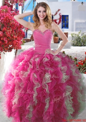 Best Selling Ruffled and Beaded Sweet 16 Gown in Hot Pink and Champagne