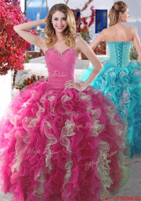 Best Selling Ruffled and Beaded Sweet 16 Gown in Hot Pink and Champagne