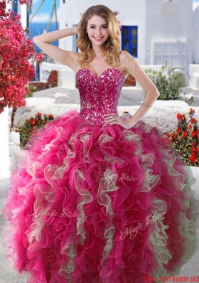 Best Visible Boning Beaded and Ruffled Sweet 16 Dress in Hot Pink
