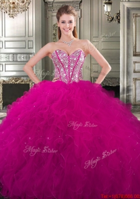 Cheap Beaded and Ruffled Big Puffy Quinceanera Dress in Fuchsia