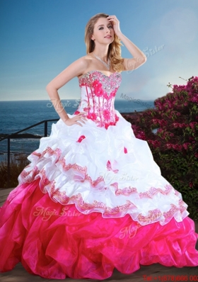 Cheap Visible Boning Beaded and Ruffled Sweet 15 Gown in Hot Pink and White