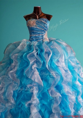 Classical Beaded and Ruffled Big Puffy Quinceanera Dress in White and Blue