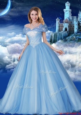 Classical Off the Shoulder Brush Train Baby Blue Quinceanera Dress with Removable Cap Sleeves