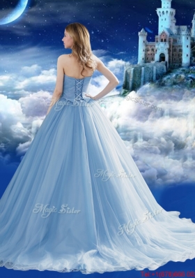 Classical Off the Shoulder Brush Train Baby Blue Quinceanera Dress with Removable Cap Sleeves