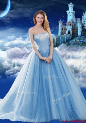 Classical Off the Shoulder Brush Train Baby Blue Quinceanera Dress with Removable Cap Sleeves