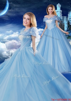 Classical Off the Shoulder Brush Train Baby Blue Quinceanera Dress with Removable Cap Sleeves