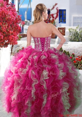 Fashionable Visible Boning Beaded and Ruffled Sweet 15 Gown in Red and White