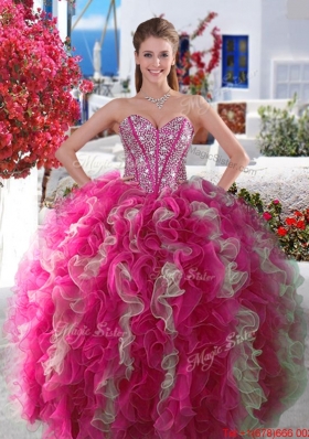 Fashionable Visible Boning Beaded and Ruffled Sweet 15 Gown in Red and White