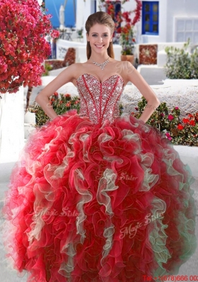 Fashionable Visible Boning Beaded and Ruffled Sweet 15 Gown in Red and White