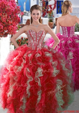 Fashionable Visible Boning Beaded and Ruffled Sweet 15 Gown in Red and White