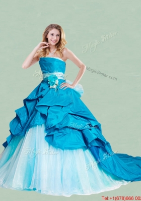 Gorgeous Handcrafted Flowers and Ruffled Strapless Quinceanera Gown in Taffeta and Organza