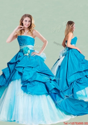 Gorgeous Handcrafted Flowers and Ruffled Strapless Quinceanera Gown in Taffeta and Organza