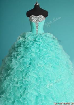 Latest Apple Green Big Puffy Sweet 15 Dress with Beading and Ruffles