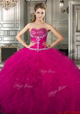 Lovely Beaded and Ruffled Tulle Quinceanera Dress in Fuchsia