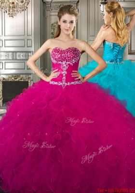 Lovely Beaded and Ruffled Tulle Quinceanera Dress in Fuchsia