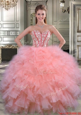 Low Price Visible Boning Beaded Bodice Quinceanera Dress in Watermelon