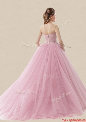 Luxurious Baby Pink Brush Train Quinceanera Dress with Lace and Bowknot