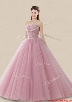 Luxurious Baby Pink Brush Train Quinceanera Dress with Lace and Bowknot