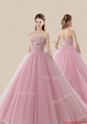 Luxurious Baby Pink Brush Train Quinceanera Dress with Lace and Bowknot