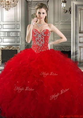 Modern Visible Boning Red Quinceanera Dress with Beading and Ruffles