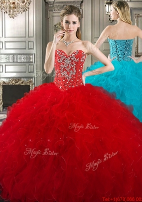 Modern Visible Boning Red Quinceanera Dress with Beading and Ruffles