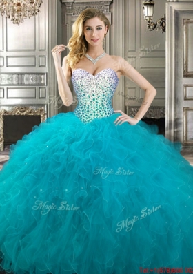 Modest Teal Really Puffy Sweetheart Quinceanera Gown with Beading and Ruffles