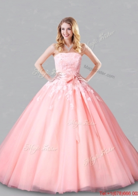 Perfect Court Train Belted and Applique Baby Pink Quinceanera Dress for Spring