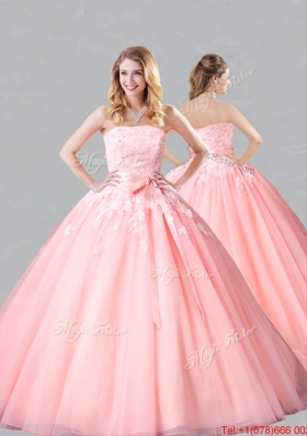 Perfect Court Train Belted and Applique Baby Pink Quinceanera Dress for Spring