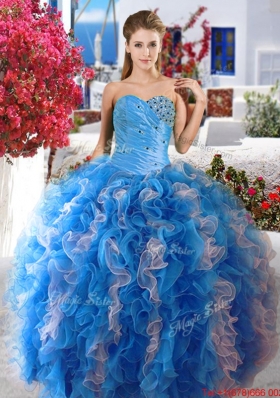 Pretty Ruffled and Beaded Organza Sweet 16 Dress in Blue and White