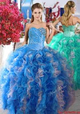 Pretty Ruffled and Beaded Organza Sweet 16 Dress in Blue and White