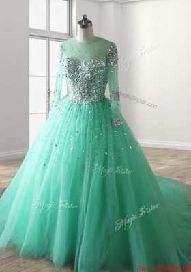 See Through Long Sleeves Beaded Green Sweet 16 Dress with Brush Train