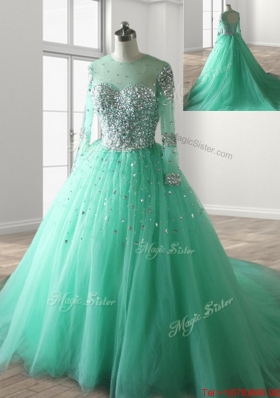 See Through Long Sleeves Beaded Green Sweet 16 Dress with Brush Train