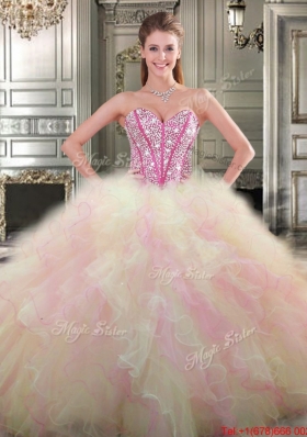 Simple Big Puffy Tulle Beaded and Ruffled Quinceanera Gown for Spring