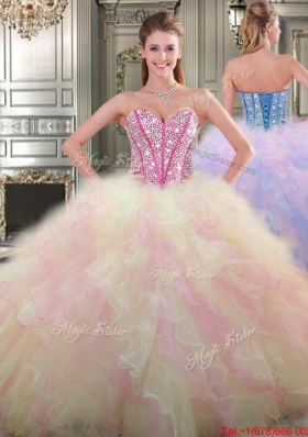 Simple Big Puffy Tulle Beaded and Ruffled Quinceanera Gown for Spring